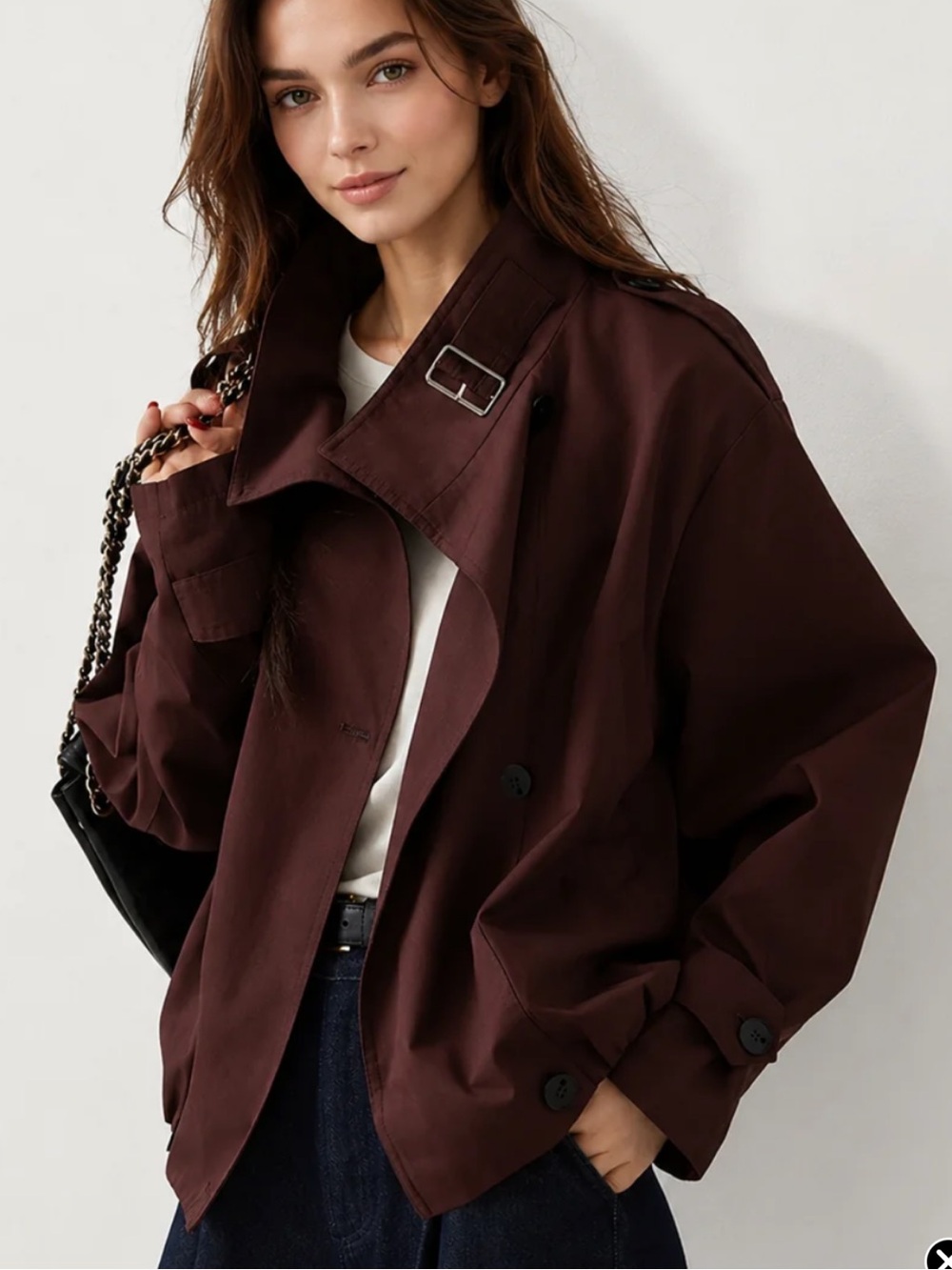 Commense Burgundy Cropped Double-Breasted Bomber Jacket